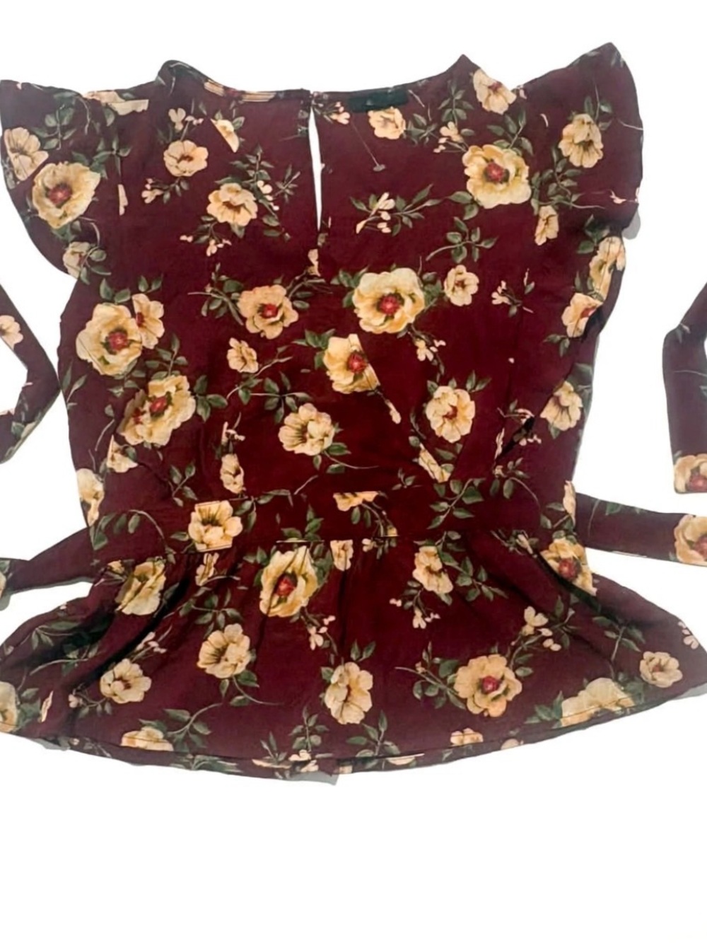 mine Burgundy Floral Peplum Tie-Back Top